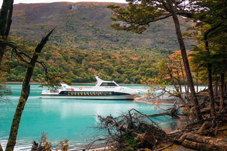 La embarcación en el Canal Mayo vista entre los árboles de la costa